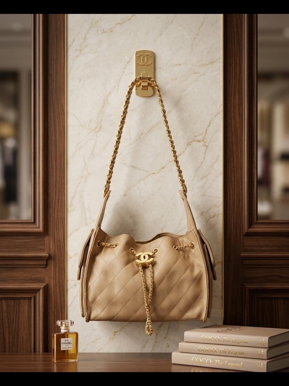 CHANEL Beige Quilted Drawstring Hobo with Gold Chain